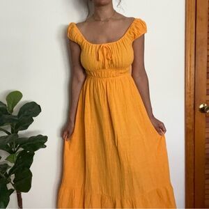 Ghanda Cotton Peasant Maxi Dress Medium Orange Cap Sleeve Summer Milkmaid Beach